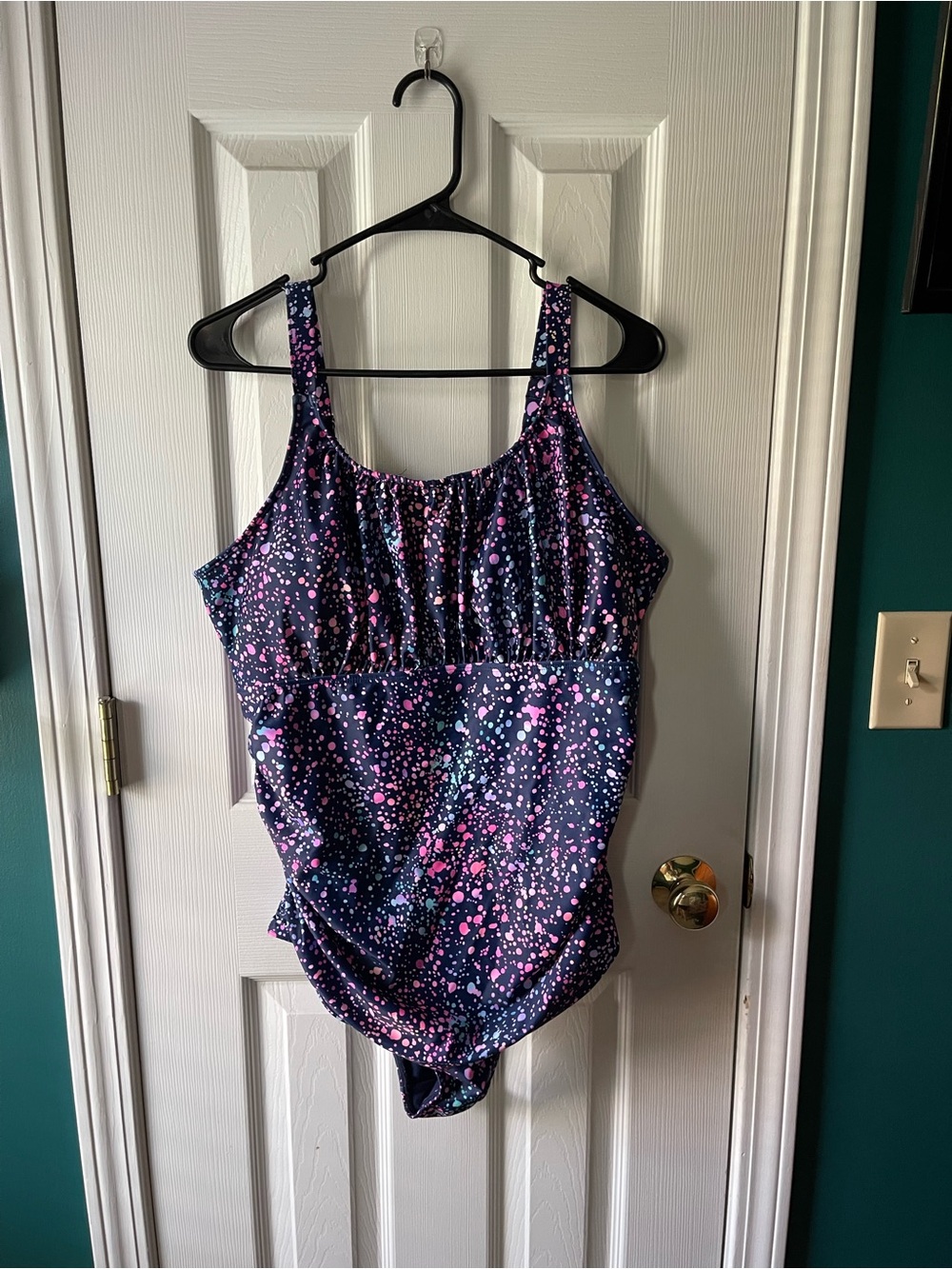 Women’s Navy Blue One-Piece Swimsuit with Pink Speckle Print